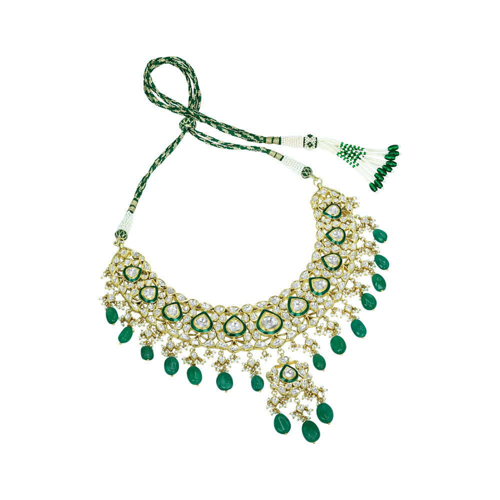 Pear Shaped Polki Choker with Emerald Drops and Cascading Design
